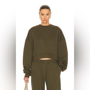 Hailey Bieber Wardrobe NYC Olive Green Cropped Sweatshirt